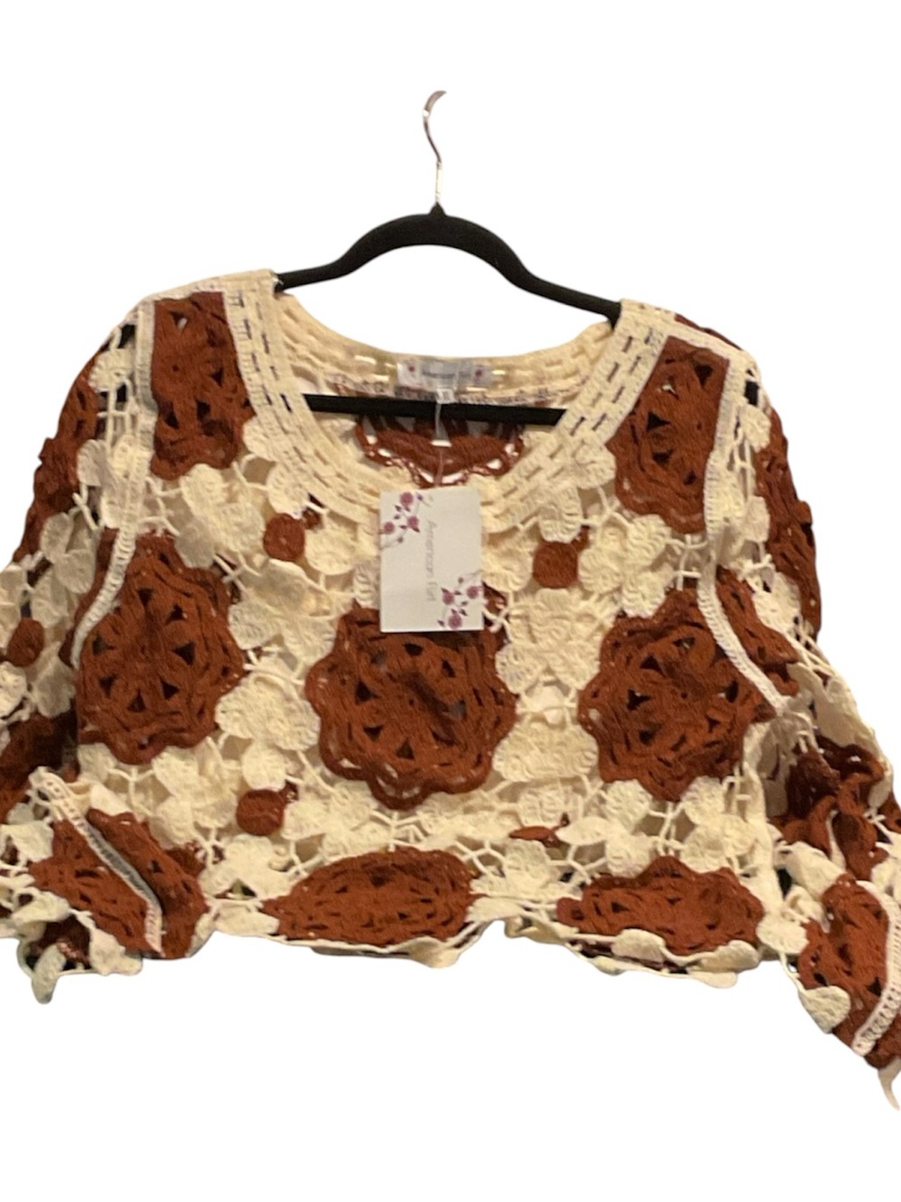 American Flirt Crochet Floral Crop Sweater - Cream & Brown XL